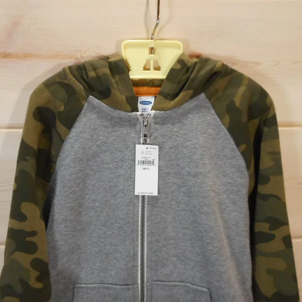 Old Navy Youth Size Small 6-7 Camo Gray Full Zip Hoodie Sweatshirt Pockets